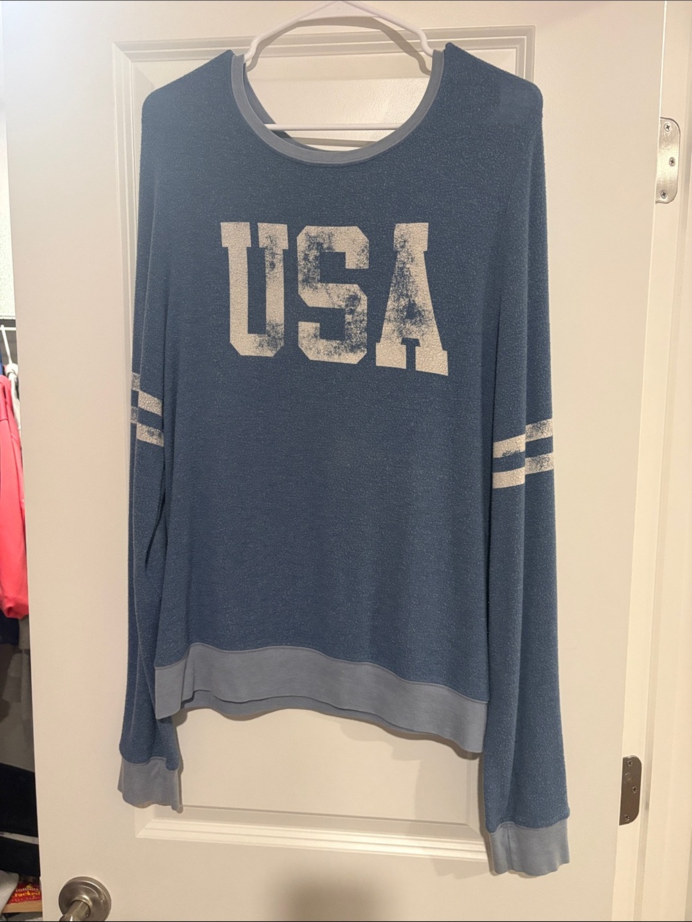 Wildfox Blue 'USA' Crewneck Sweater with White Stripe Detail